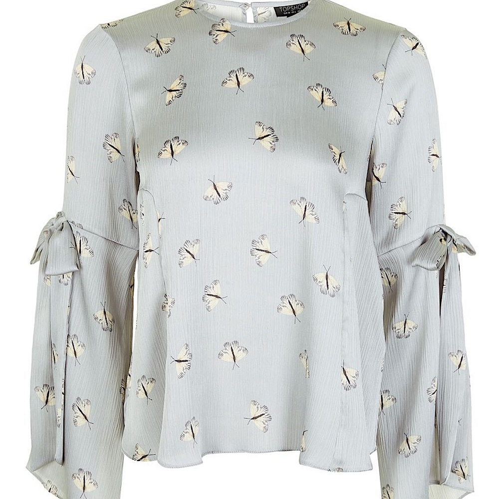 blue gray Topshop Butterfly print bell sleeve top